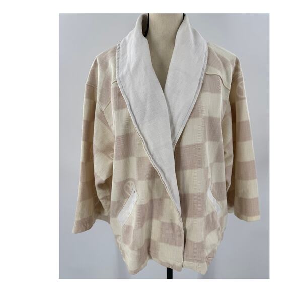 Urban Outfitters Kimono Jacket Cream Checked Wrap Coat Mushroom Peace XS S M - Picture 1 of 10